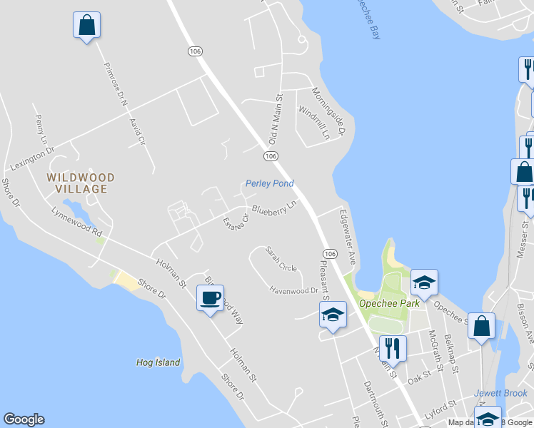 map of restaurants, bars, coffee shops, grocery stores, and more near 50 Blueberry Lane in Laconia