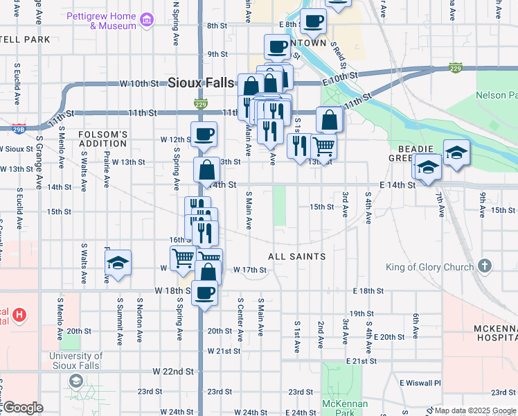 map of restaurants, bars, coffee shops, grocery stores, and more near 622 South Main Avenue in Sioux Falls