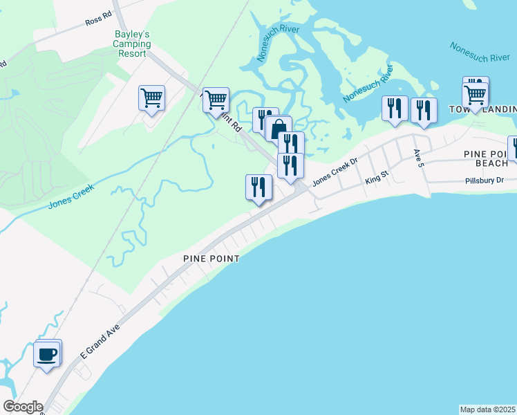 map of restaurants, bars, coffee shops, grocery stores, and more near 23 East Grand Avenue in Scarborough