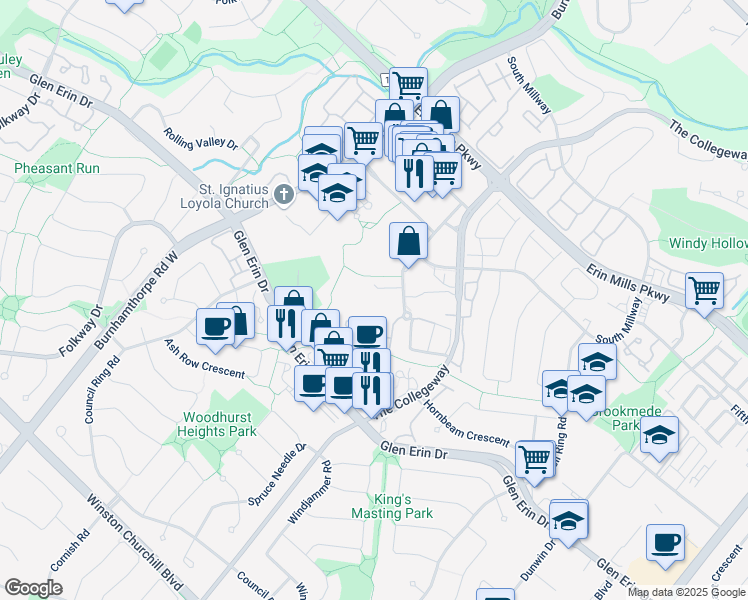 map of restaurants, bars, coffee shops, grocery stores, and more near in Mississauga