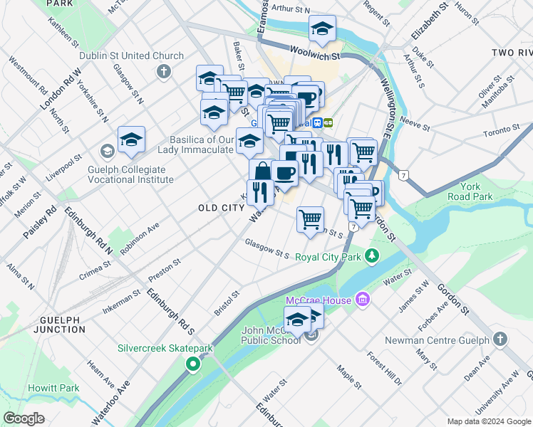 map of restaurants, bars, coffee shops, grocery stores, and more near 19 Dublin Street South in Guelph