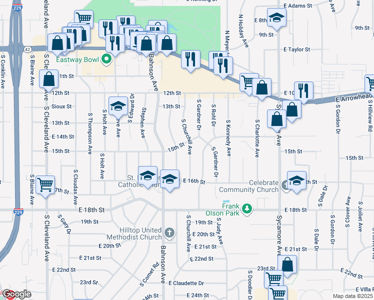 map of restaurants, bars, coffee shops, grocery stores, and more near 905 South Churchill Avenue in Sioux Falls