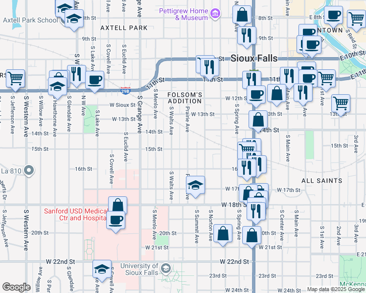 map of restaurants, bars, coffee shops, grocery stores, and more near 812 West 15th Street in Sioux Falls