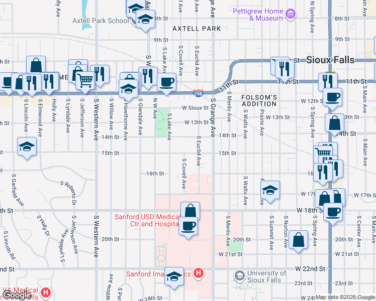 map of restaurants, bars, coffee shops, grocery stores, and more near 1304 West 15th Street in Sioux Falls