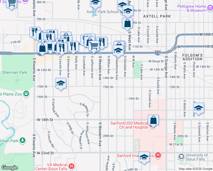 map of restaurants, bars, coffee shops, grocery stores, and more near 623 South Willow Avenue in Sioux Falls