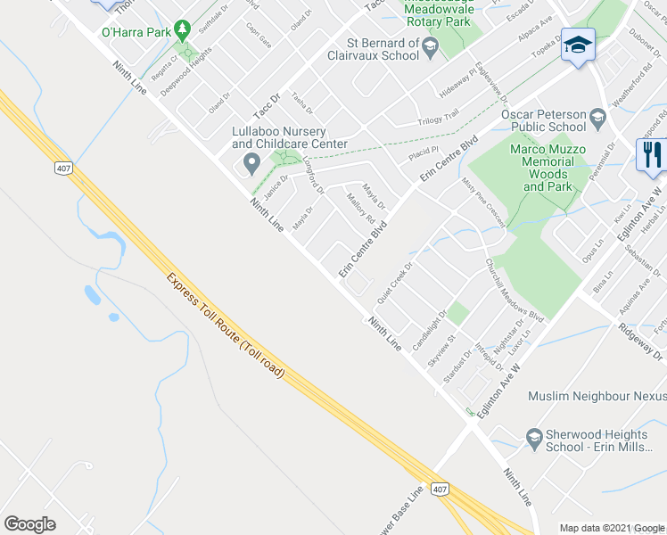 map of restaurants, bars, coffee shops, grocery stores, and more near 3955 Erin Centre Boulevard in Mississauga
