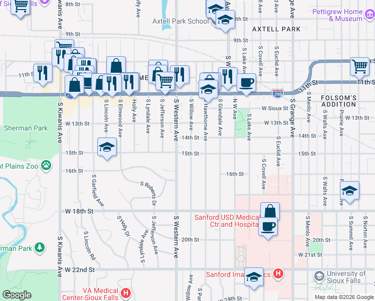 map of restaurants, bars, coffee shops, grocery stores, and more near 623 South Willow Avenue in Sioux Falls