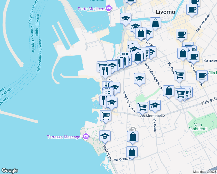 map of restaurants, bars, coffee shops, grocery stores, and more near 1 Largo Bellavista in Livorno