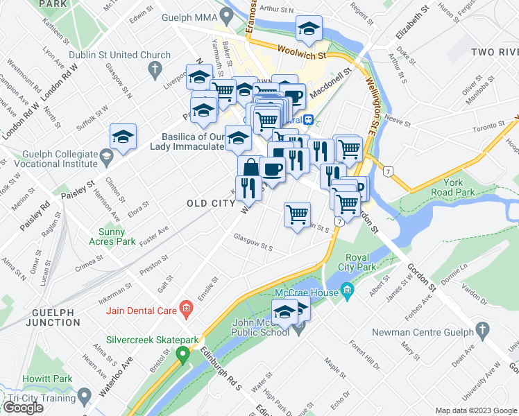 map of restaurants, bars, coffee shops, grocery stores, and more near 19 Dublin Street South in Guelph