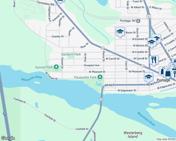 map of restaurants, bars, coffee shops, grocery stores, and more near 921 West Pleasant Street in Portage