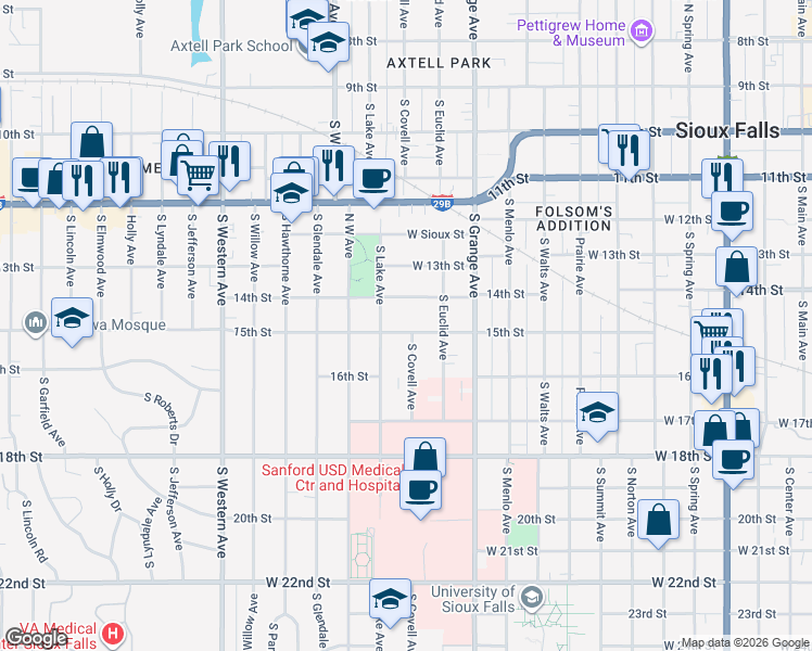 map of restaurants, bars, coffee shops, grocery stores, and more near 1304 West 15th Street in Sioux Falls
