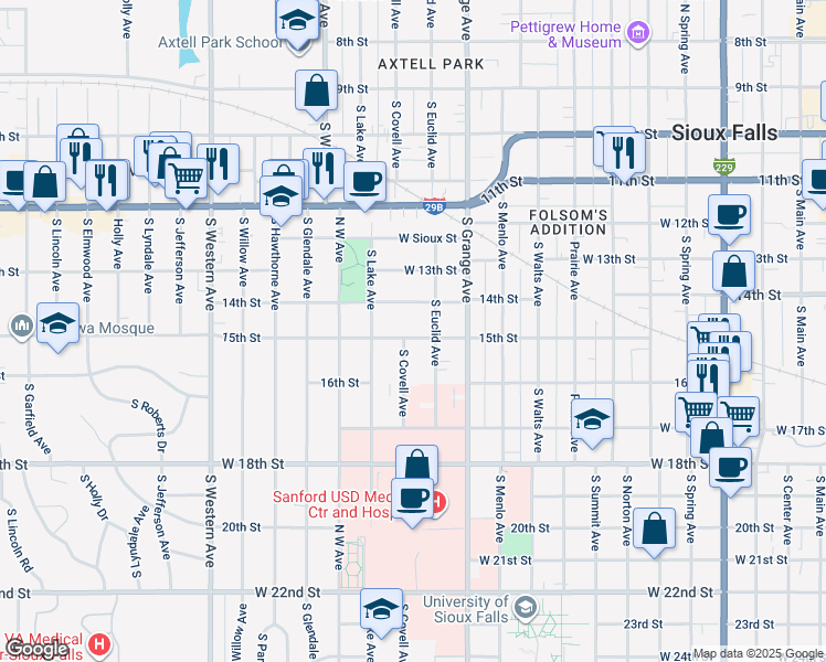 map of restaurants, bars, coffee shops, grocery stores, and more near 1304 West 15th Street in Sioux Falls
