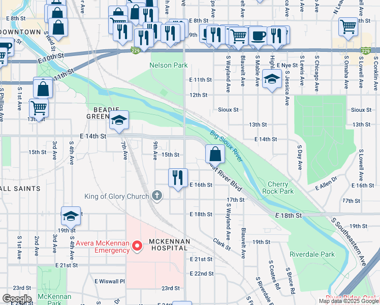 map of restaurants, bars, coffee shops, grocery stores, and more near 604 Cliff Avenue in Sioux Falls
