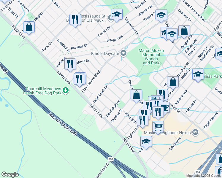 map of restaurants, bars, coffee shops, grocery stores, and more near 5181 Doubletree Drive in Mississauga