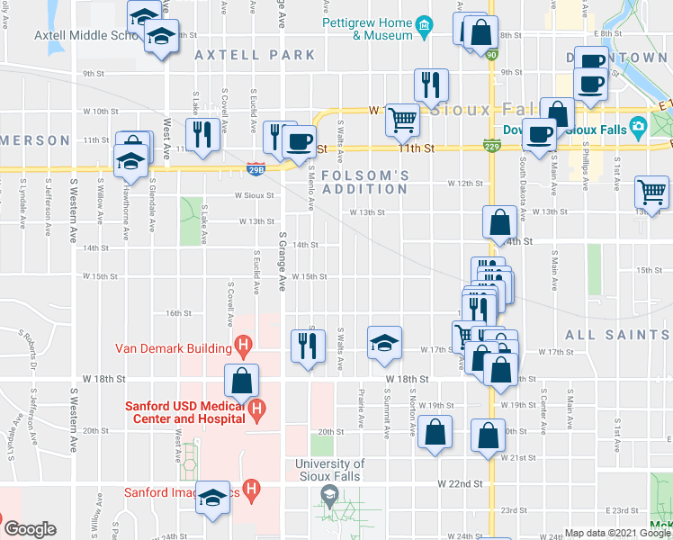 map of restaurants, bars, coffee shops, grocery stores, and more near 902 West 15th Street in Sioux Falls