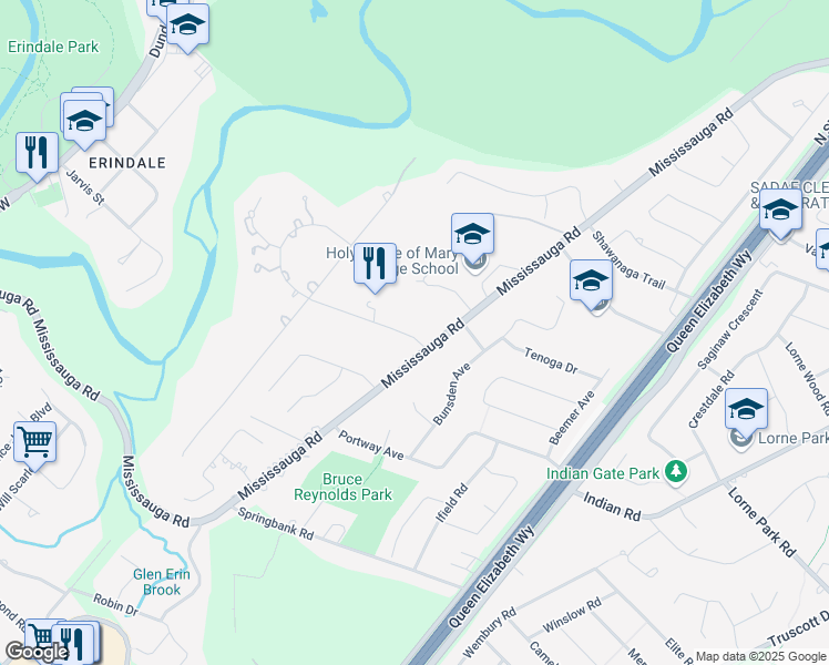 map of restaurants, bars, coffee shops, grocery stores, and more near 2215 Doulton Drive in Mississauga