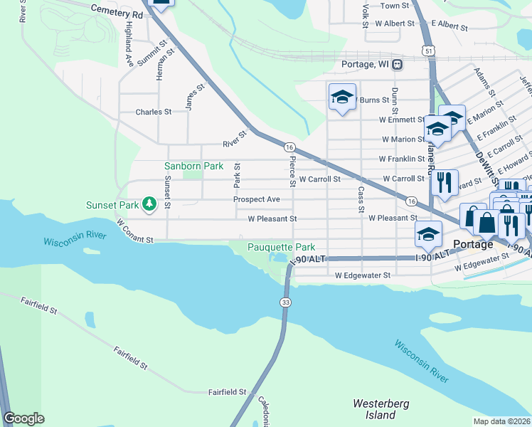 map of restaurants, bars, coffee shops, grocery stores, and more near 905 W Pleasant St in Portage