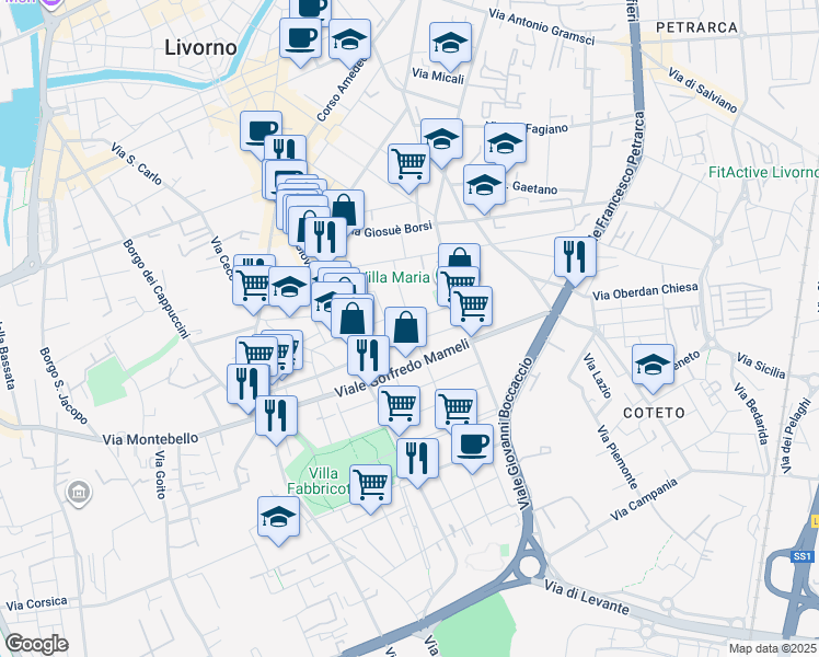 map of restaurants, bars, coffee shops, grocery stores, and more near 40 Via Diomede Bonamici in Livorno