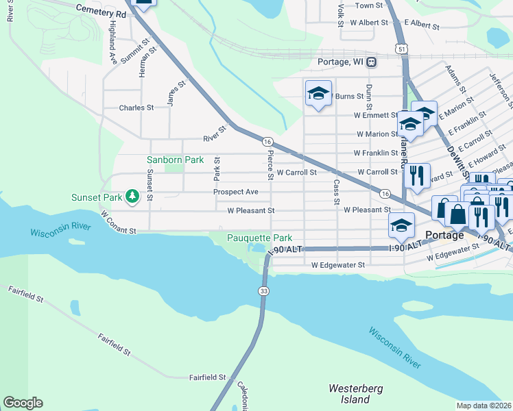 map of restaurants, bars, coffee shops, grocery stores, and more near 905 West Pleasant Street in Portage