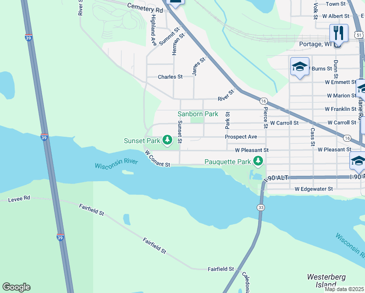map of restaurants, bars, coffee shops, grocery stores, and more near 1123 West Pleasant Street in Portage