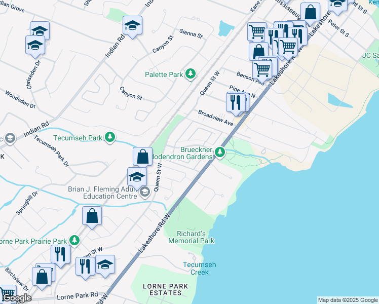 map of restaurants, bars, coffee shops, grocery stores, and more near 1050 Shawnmarr Road in Mississauga