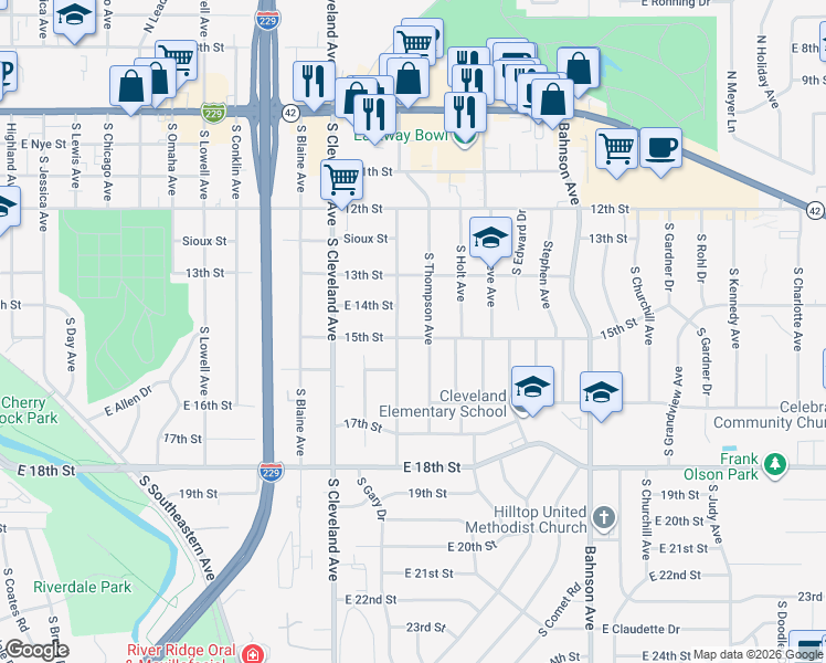 map of restaurants, bars, coffee shops, grocery stores, and more near 3004 East 15th Street in Sioux Falls