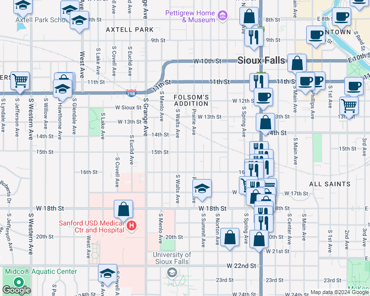 map of restaurants, bars, coffee shops, grocery stores, and more near 812 West 15th Street in Sioux Falls