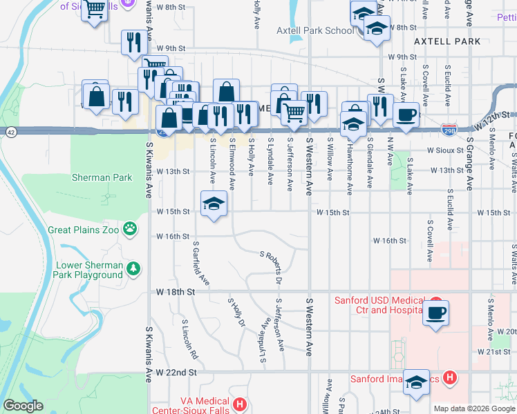 map of restaurants, bars, coffee shops, grocery stores, and more near 2100-2198 West 15th Street in Sioux Falls