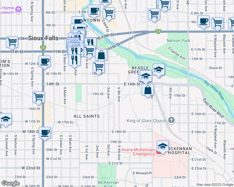 map of restaurants, bars, coffee shops, grocery stores, and more near 625 South 4th Avenue in Sioux Falls