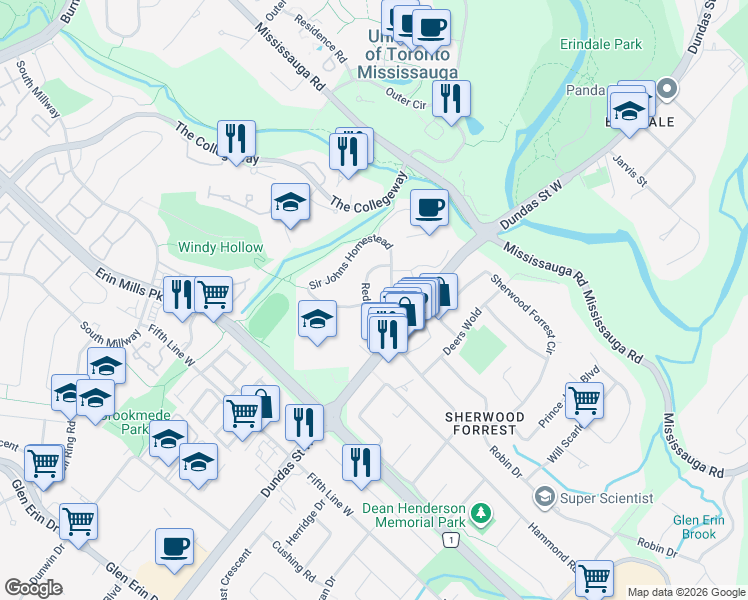 map of restaurants, bars, coffee shops, grocery stores, and more near 3055 Redstart Drive in Mississauga