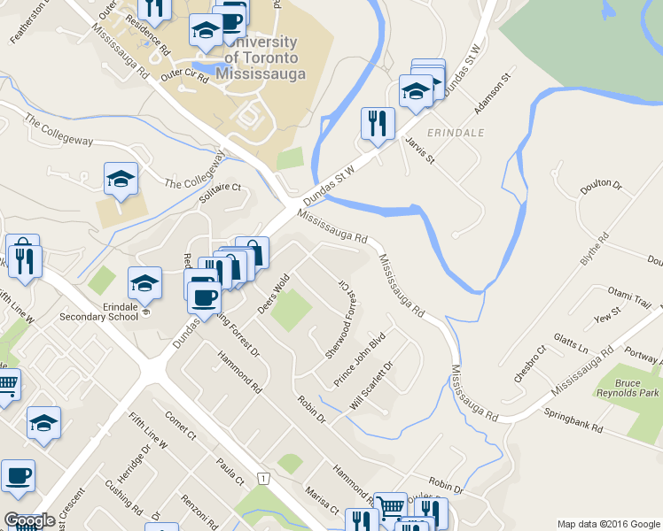 map of restaurants, bars, coffee shops, grocery stores, and more near 1750 Sherwood Forrest Circle in Mississauga