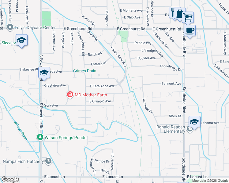 map of restaurants, bars, coffee shops, grocery stores, and more near 2300 East Royal Avenue in Nampa