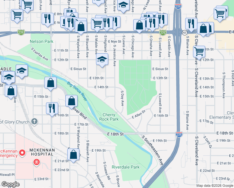map of restaurants, bars, coffee shops, grocery stores, and more near 813 South Day Avenue in Sioux Falls