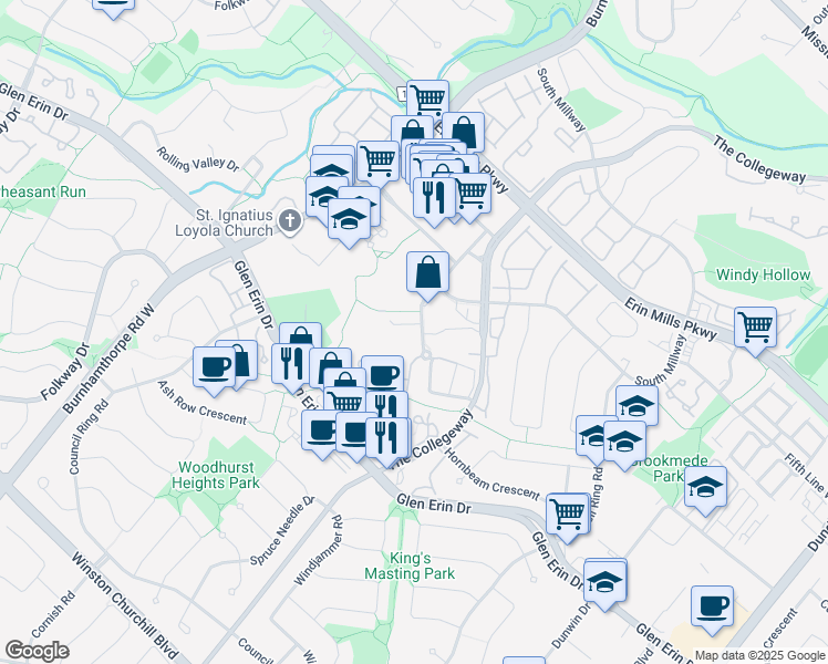 map of restaurants, bars, coffee shops, grocery stores, and more near 3472 Widdicombe Way in Mississauga