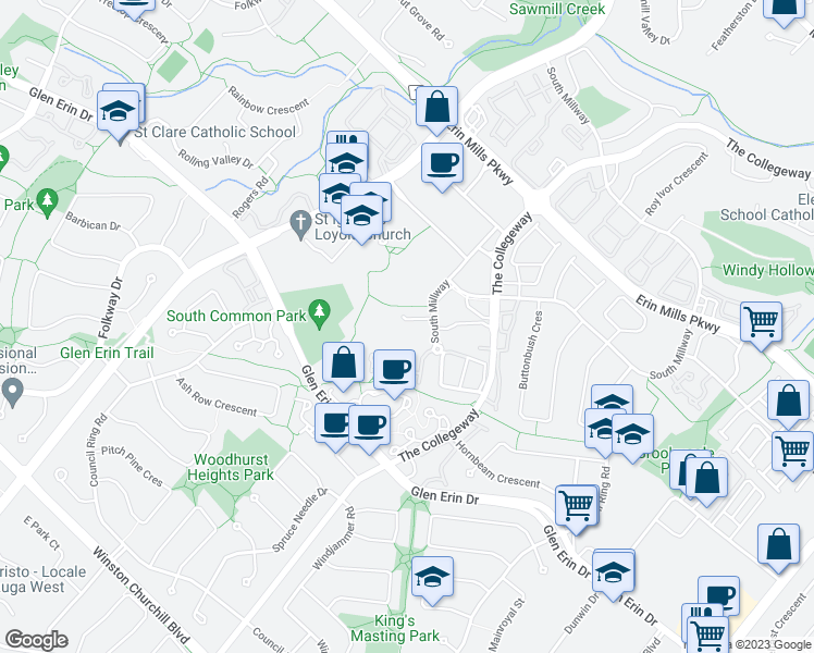 map of restaurants, bars, coffee shops, grocery stores, and more near 3482 Widdicombe Way in Mississauga