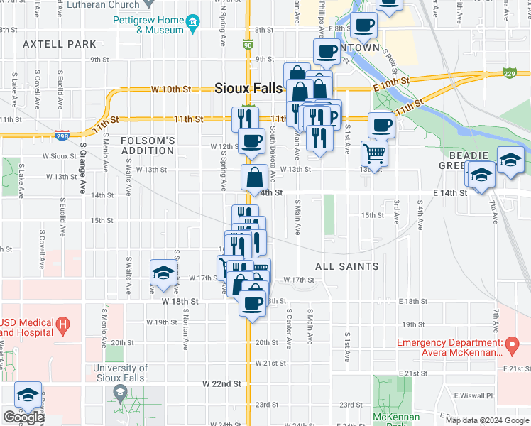 map of restaurants, bars, coffee shops, grocery stores, and more near 623 South Dakota Avenue in Sioux Falls