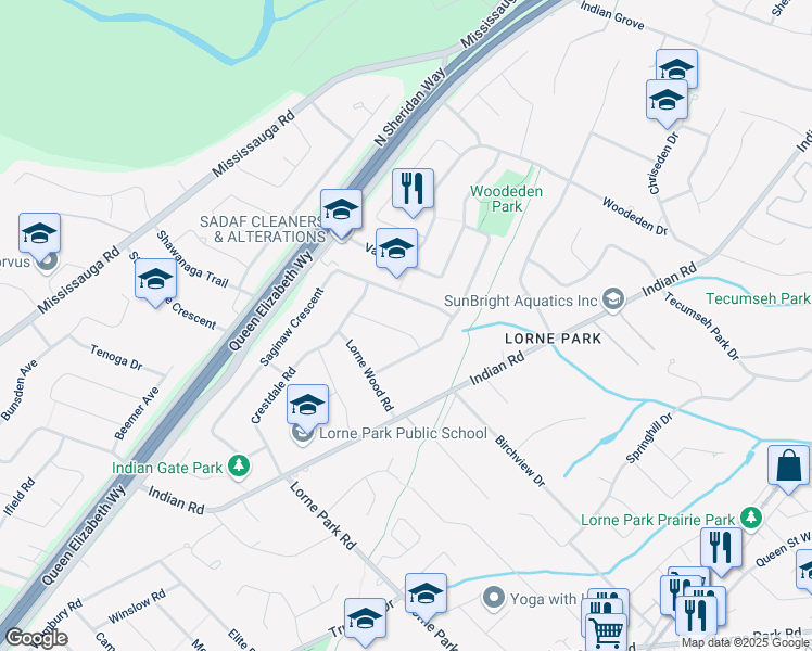 map of restaurants, bars, coffee shops, grocery stores, and more near 1541 Glenhill Crescent in Mississauga