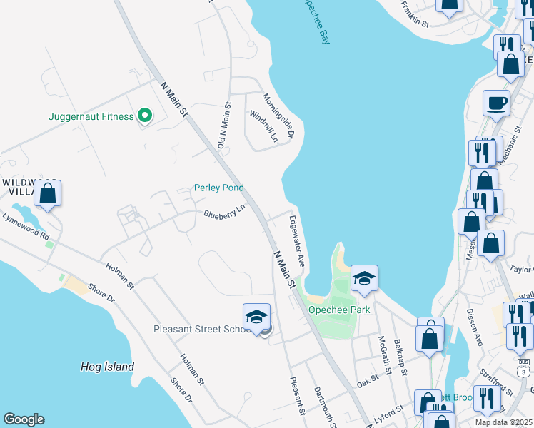 map of restaurants, bars, coffee shops, grocery stores, and more near 20 Lewis Street in Laconia