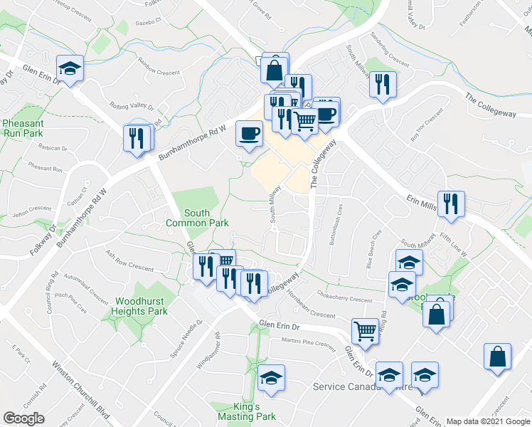 map of restaurants, bars, coffee shops, grocery stores, and more near in Mississauga