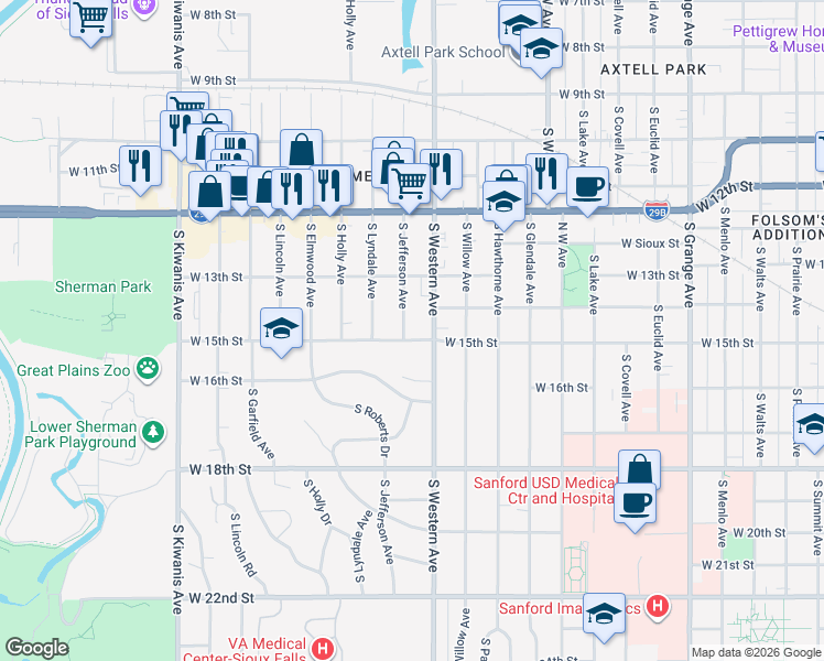 map of restaurants, bars, coffee shops, grocery stores, and more near 1900 West 15th Street in Sioux Falls