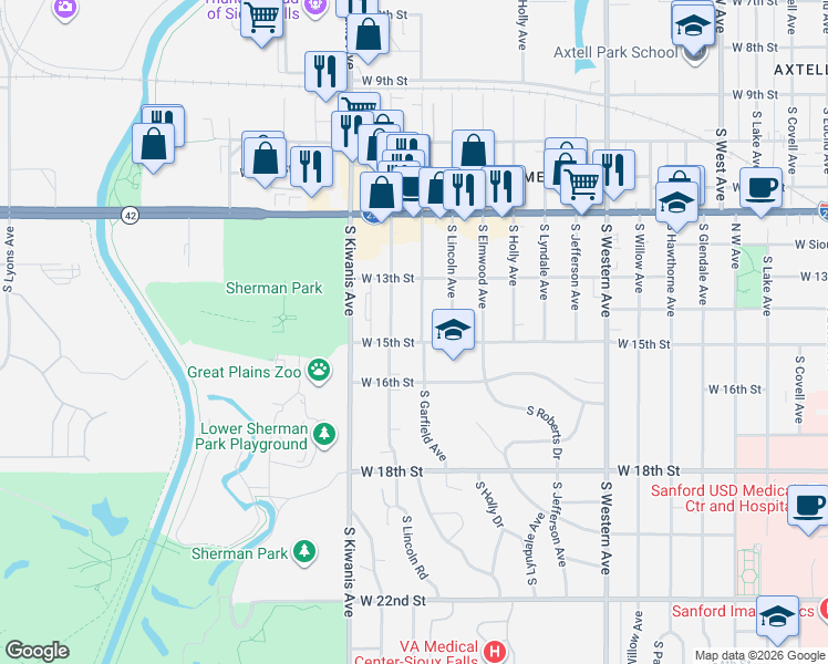map of restaurants, bars, coffee shops, grocery stores, and more near 2504 West 15th Street in Sioux Falls
