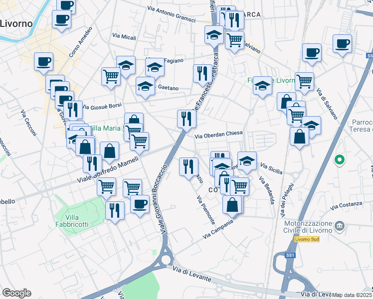 map of restaurants, bars, coffee shops, grocery stores, and more near Via Antonio Meucci in Livorno
