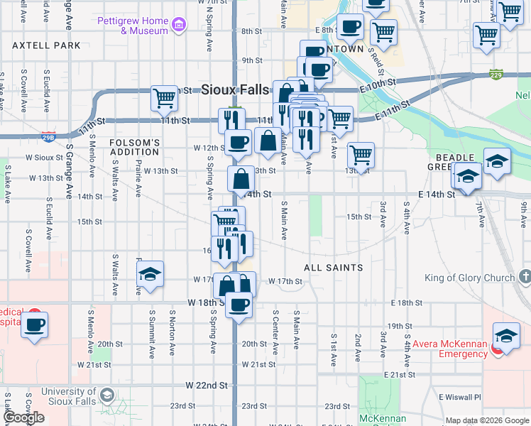 map of restaurants, bars, coffee shops, grocery stores, and more near 620 South Dakota Avenue in Sioux Falls