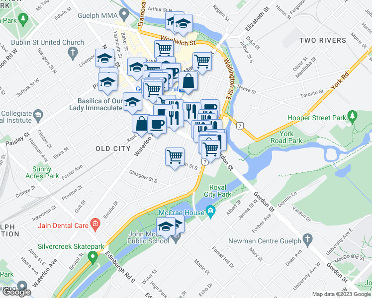map of restaurants, bars, coffee shops, grocery stores, and more near 21 Surrey Street West in Guelph