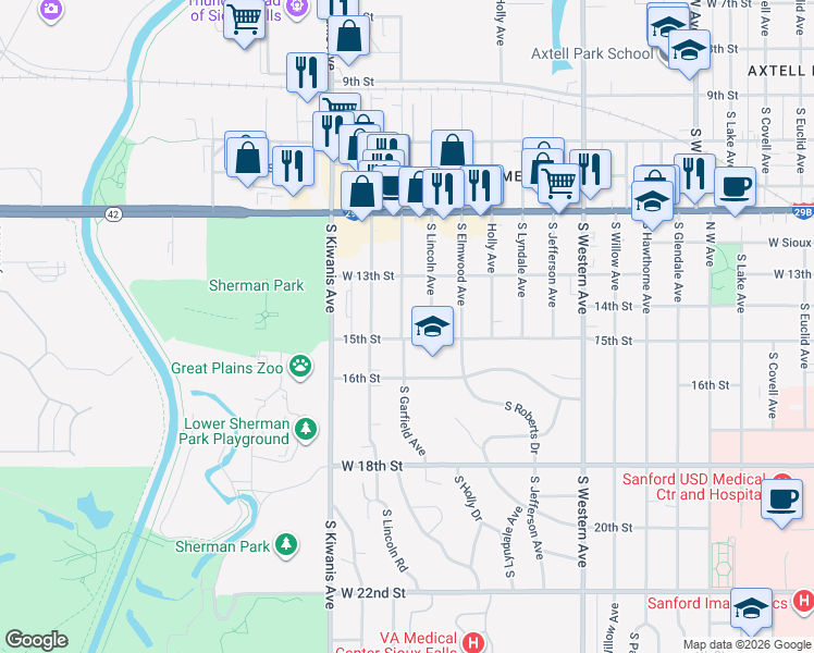 map of restaurants, bars, coffee shops, grocery stores, and more near 612 South Garfield Avenue in Sioux Falls