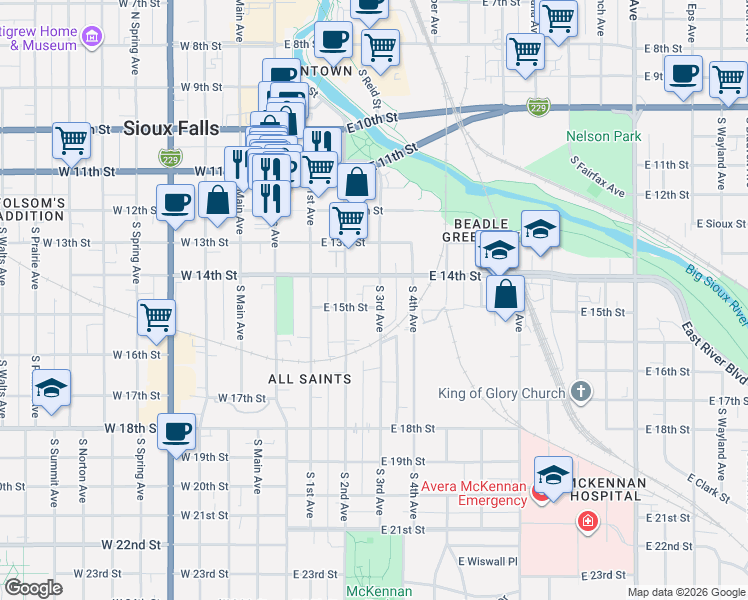 map of restaurants, bars, coffee shops, grocery stores, and more near 316 East 15th Street in Sioux Falls