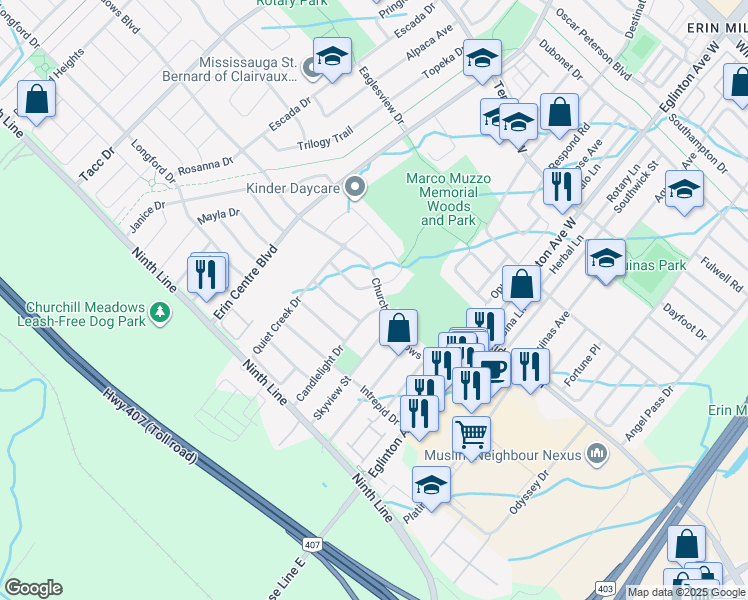 map of restaurants, bars, coffee shops, grocery stores, and more near 5116 Churchill Meadows Boulevard in Mississauga