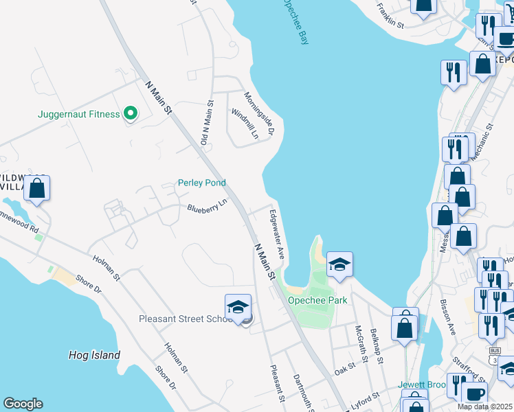 map of restaurants, bars, coffee shops, grocery stores, and more near 20 Lewis Street in Laconia