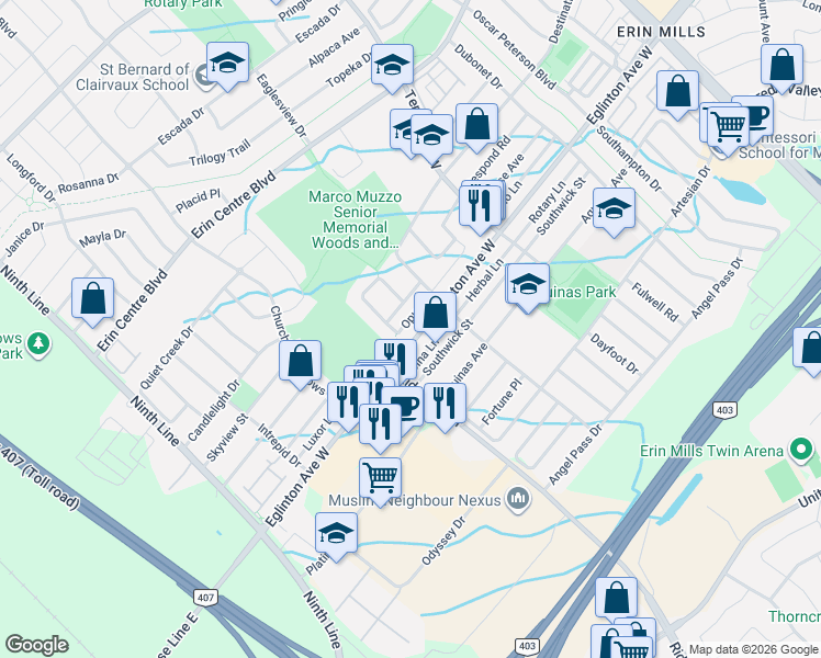 map of restaurants, bars, coffee shops, grocery stores, and more near 3549 Eglinton Avenue West in Mississauga