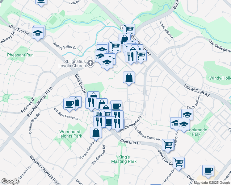 map of restaurants, bars, coffee shops, grocery stores, and more near 2305 South Millway in Mississauga